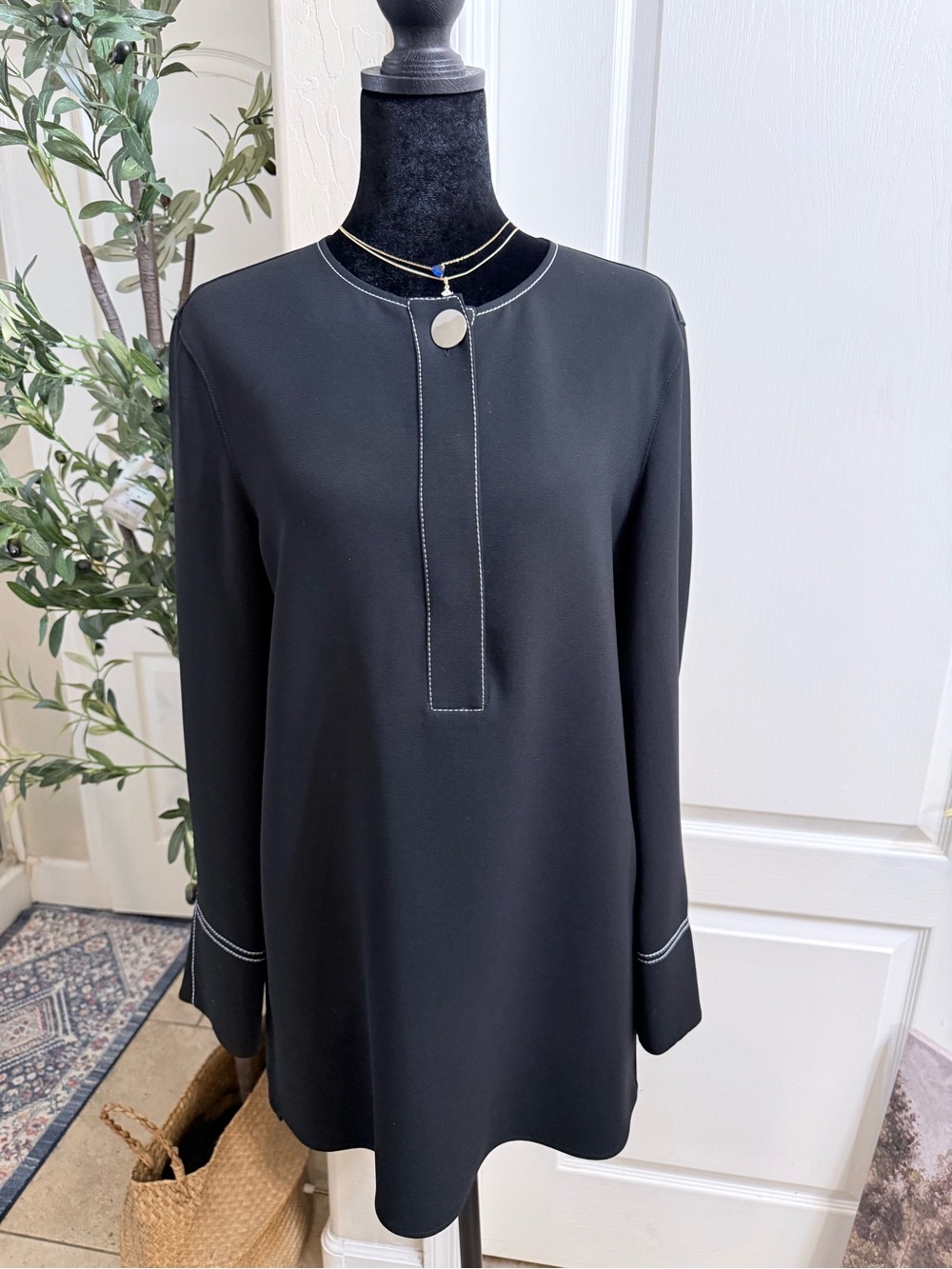Lafayette 148 New York Black Long Sleeve Shift Dress Contrast Stitching Size S